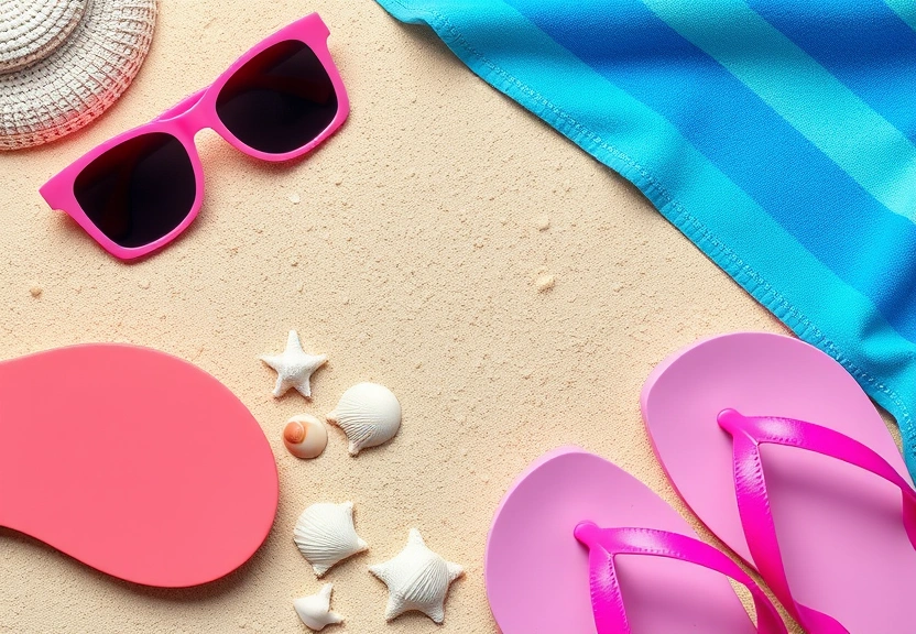 Beach day essentials flat lay with sunglasses and seashells